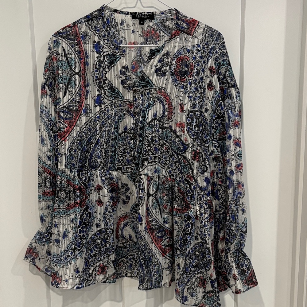 Paisley Print Long-Sleeve Peasant Button Down Top - White/Blue NWOT - Picture 6 of 9